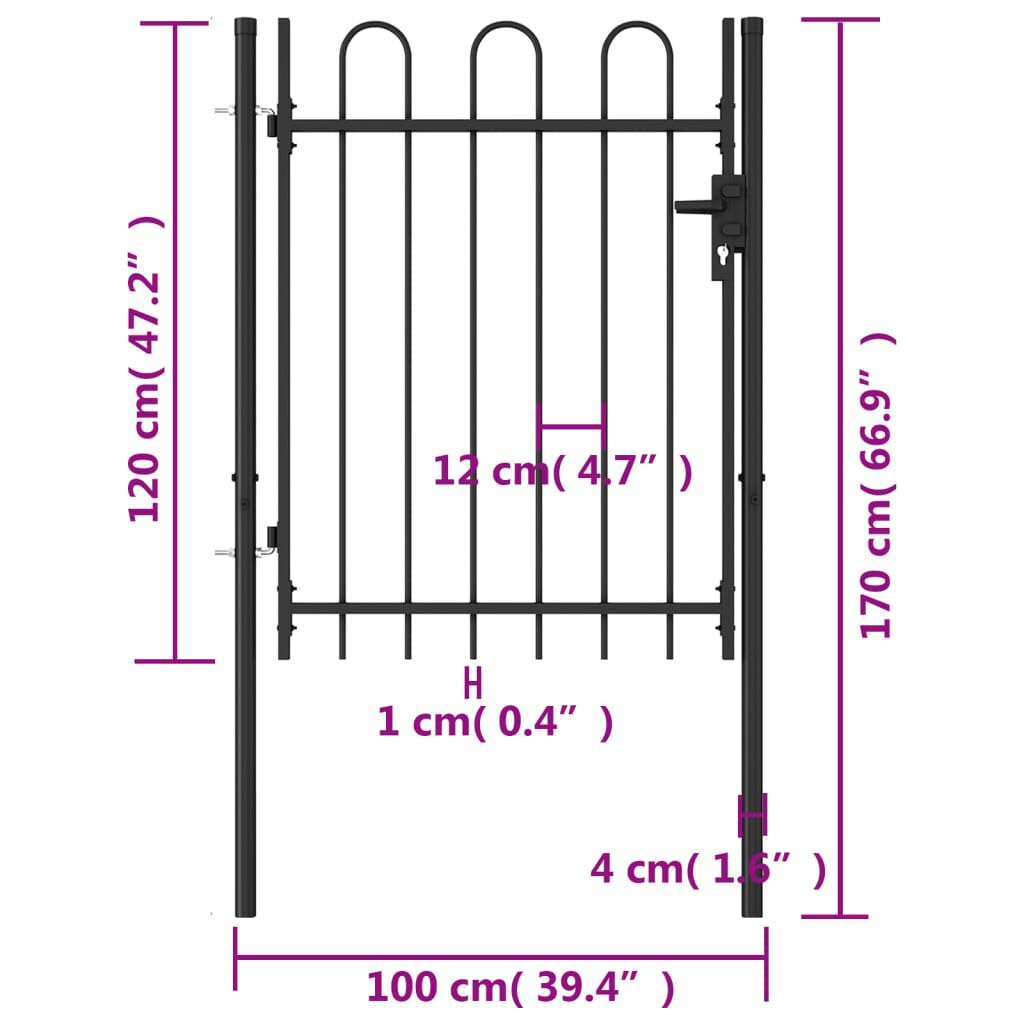 vidaXL Portillon simple porte avec dessus arqué Acier 1x1,2 m Noir