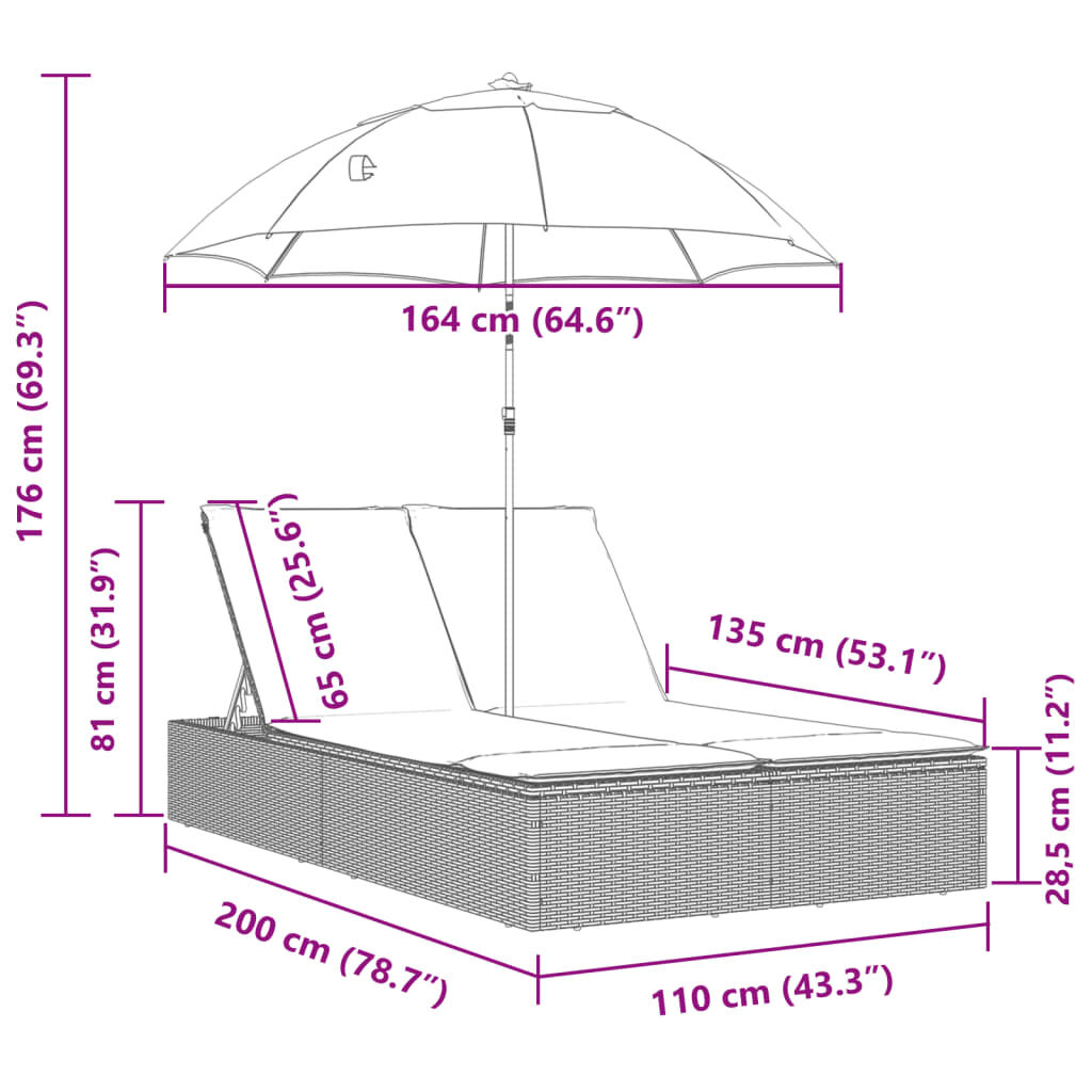 vidaXL Chaise longue double avec coussins et parasol beige poly rotin